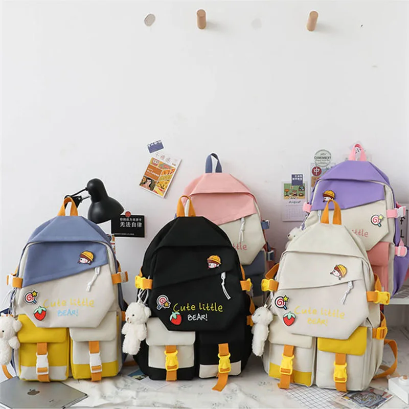 5 PCS Backpack for Middle School Students Female Korean Version Large Capacity Schoolbag for Grade 3-6 Primary School Students