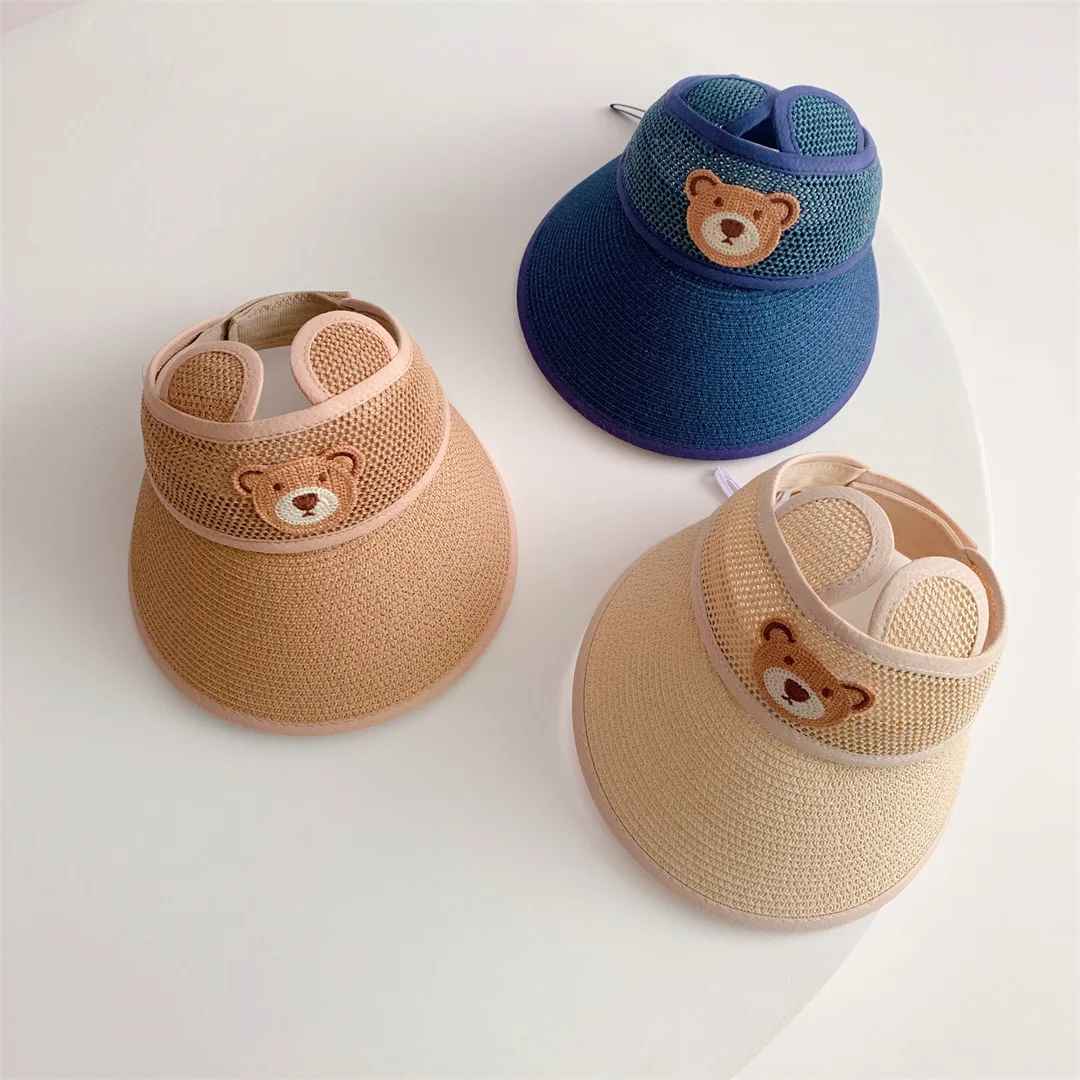 2022 New Baby Straw Hats Boys Girls Summer Cartoon Bear Caps Adjustable Sun Hat Outdoor Uv Protection Visor Cap For 2-8 Year