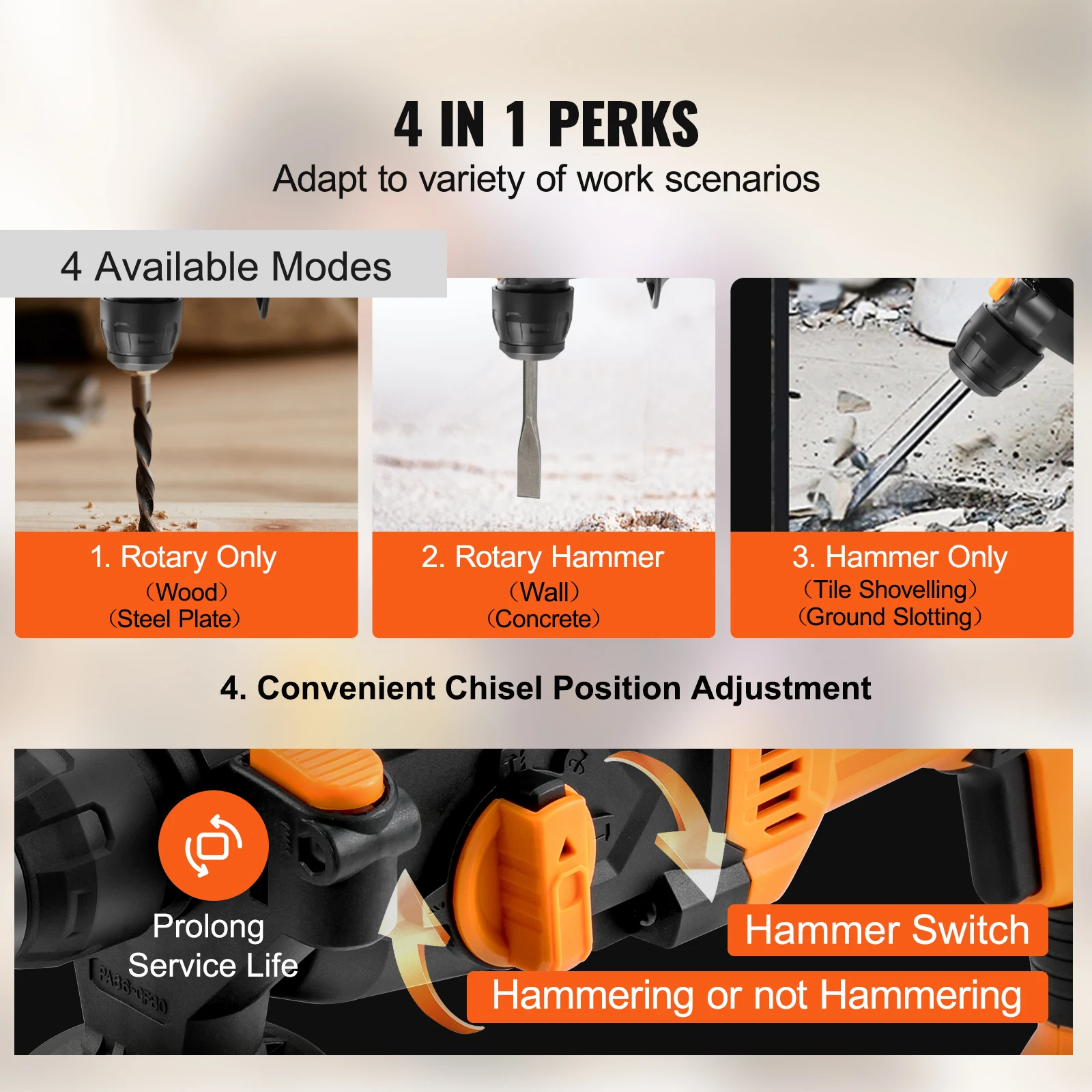 VEVOR 800W Rotary Hammer Max Drilling 26mm 4Modes SDS-Plus Corded Chipping Concrete Breaker Electric Demolition Impact Drill 2