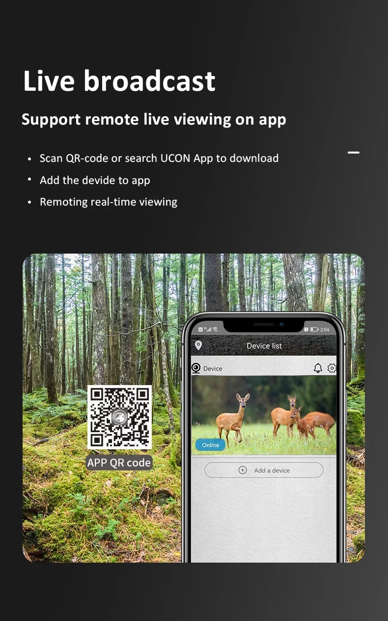2560x1440 4G Solar Trail Camera, Live broadcast supports remote live viewing; scan QR-code or search 'UCON' app to download and add device for real-time viewing.