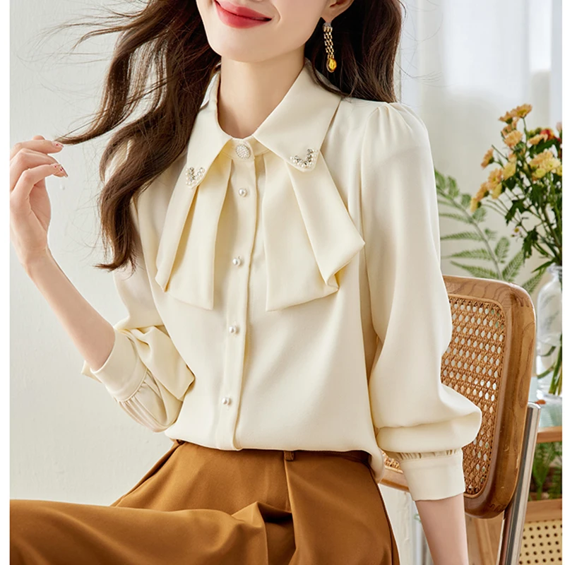 

QOERLIN Pleated Turn-Down Collar Long Sleeve Single-Breasted Loose Elegant Fashion Apricot Blouse Casual Button Up Shirts Office