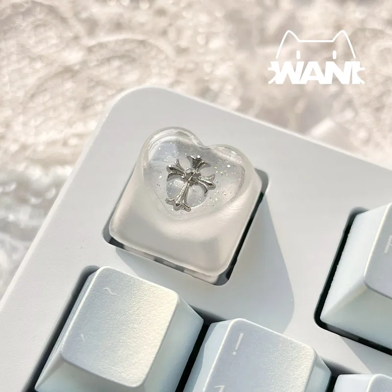WANI Artisan Keycap 반투명 하트 모양의 실버 크로스 글리터 에폭시 수지(자기 축 기계식 키보드용)