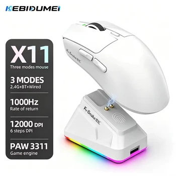 Mouse Wireless Tri-Mode KEBIDUMEI X11 PAW3311, Mouse da Gaming 12000 DPI, RGB con Base di Ricarica Magnetica, Connessione Bluetooth/2.4G/Cablata