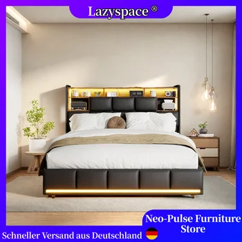 Letto matrimoniale Lazyspace PU, illuminazione a LED e struttura del letto portaoggetti con spazio di sollevamento idraulico, letto imbottito per mobili per la casa, 140/160x200 cm 1