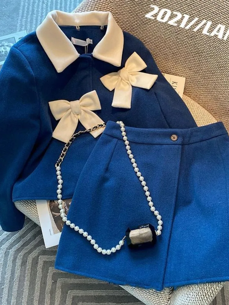 

Small Fragrance Temperament 2022 Fall Bow Woolen Jacket Short Cardigan Mini Blue Skirts Sets Two Piece Outfits Korean