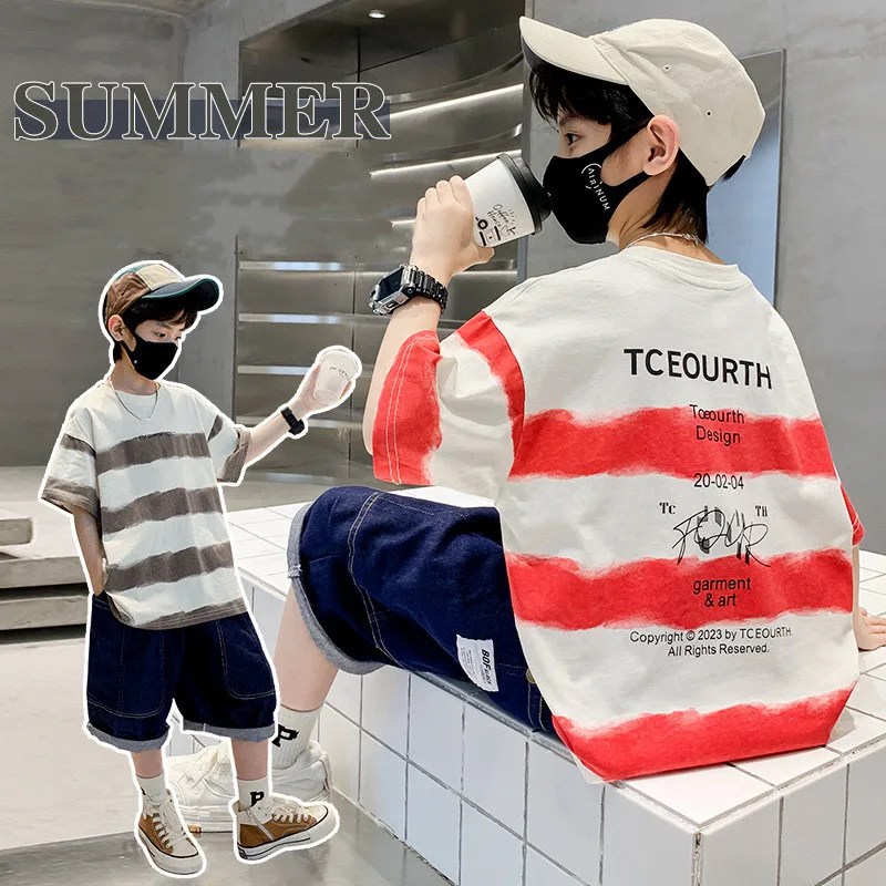 

Boys Summer Fashion Clothing Sets New Striped T-shirt & Short Jeans 2pcs Suit Teenager Streetwear Costume Kids Tracksuit 8 10 Y