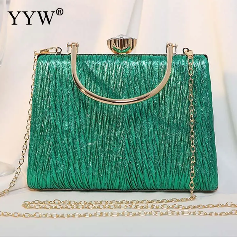 Fashion Solid Color Pleated Women Evening Handbag Metal Handle Rhinestone Clutch Bag Lady Crossbody Shoulder Messenger Purse
