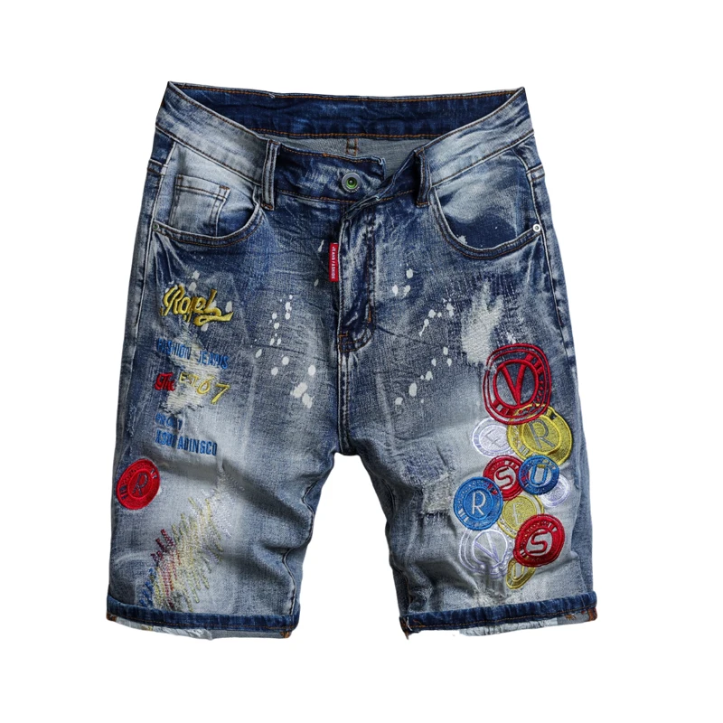 High End Trendy Embroidery With Hole Patches Versatile Men Denim Shorts Straight Fit Elastic Personalized Casual Denim Capris