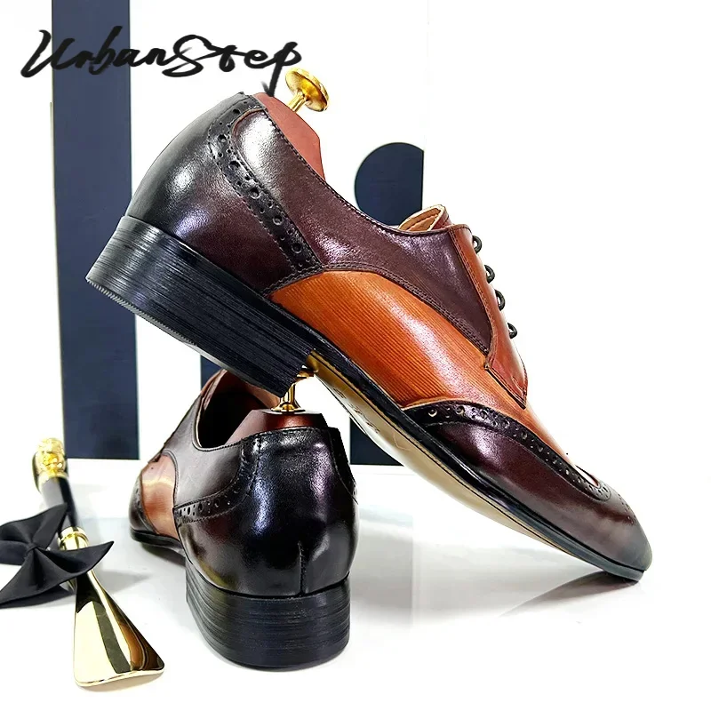Men Leather Shoes Lace Up Pointed Toe Brogues Oxford for Wedding Office
