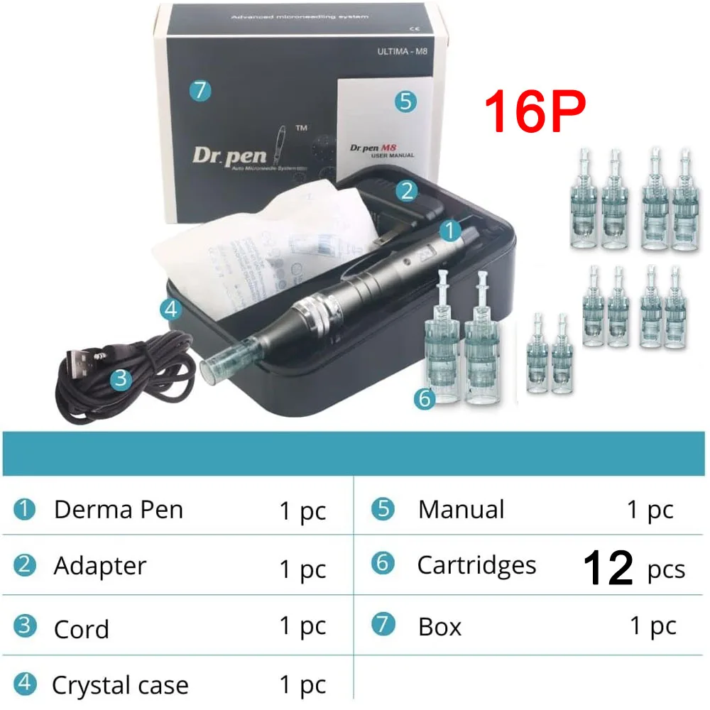 Penna Derma Elettrica Con Penna Microneedling Con 12 Cartucce Dermapen 36Pin Di Ricambio Microneedle Regolabile Dermapen Professionale