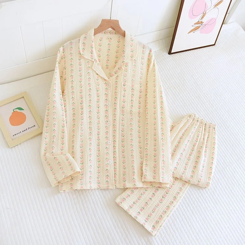 폼 코튼 여성 잠옷 코튼 잠옷 세트 긴 소매 탑 + 바지 여름 봄 귀여운 2 조각 잠옷 Pj 세트 숙녀