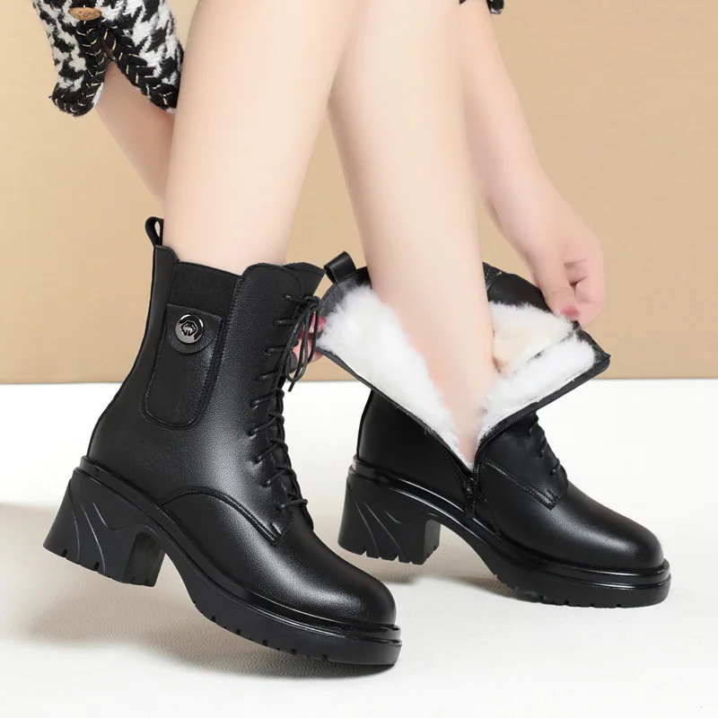 

CICIYANG Wome Winter Boots Genuine Leather Ankle Boots 2024 New Natural Wool Warm High Heels Thick Sole Plus Size 42 Black Boots