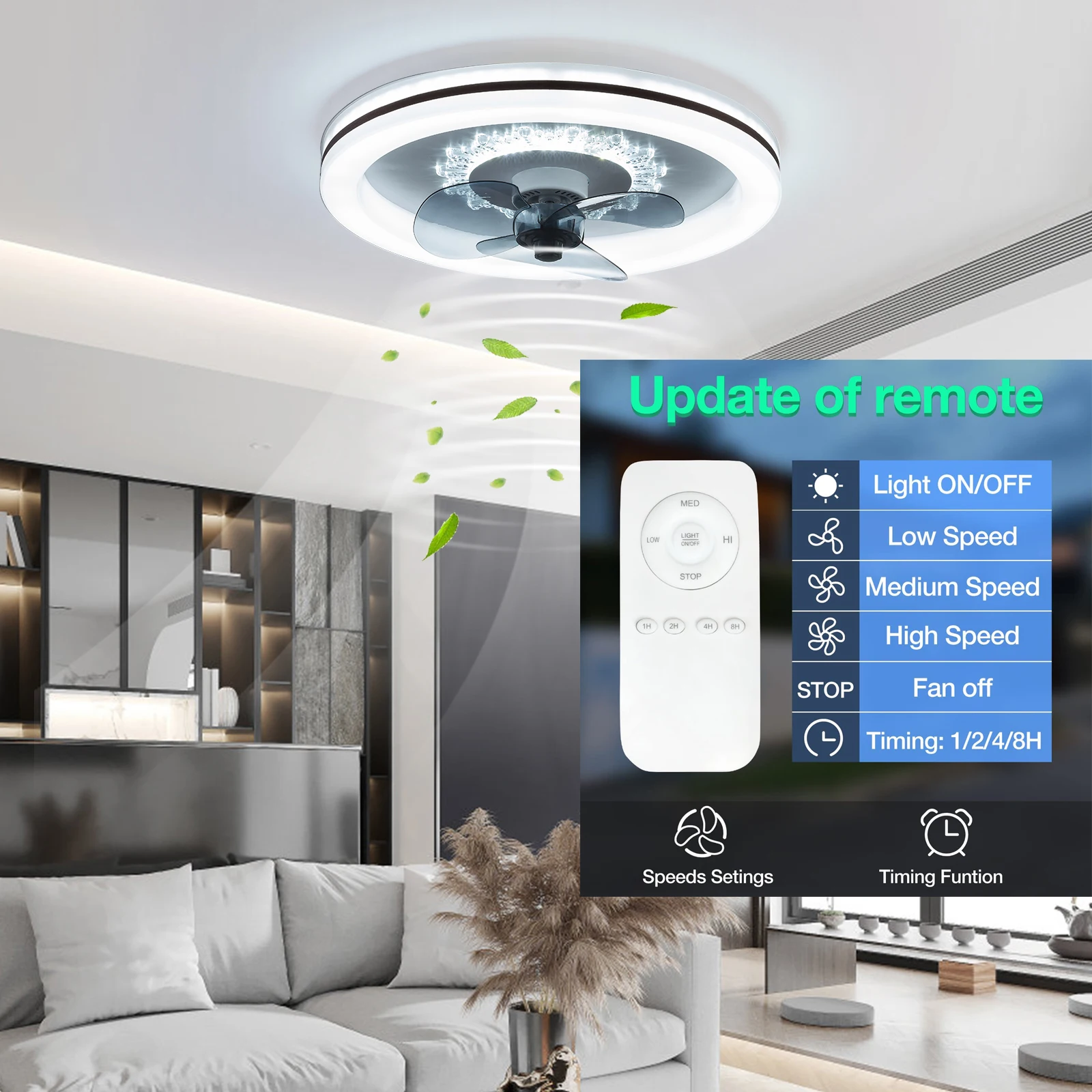 18.5 Inch Ceiling Fan with Lights, Low Profile Fan W/ Remote Control Semi Flush Mount Tri-Color Fandelier with 3 Hidden B
