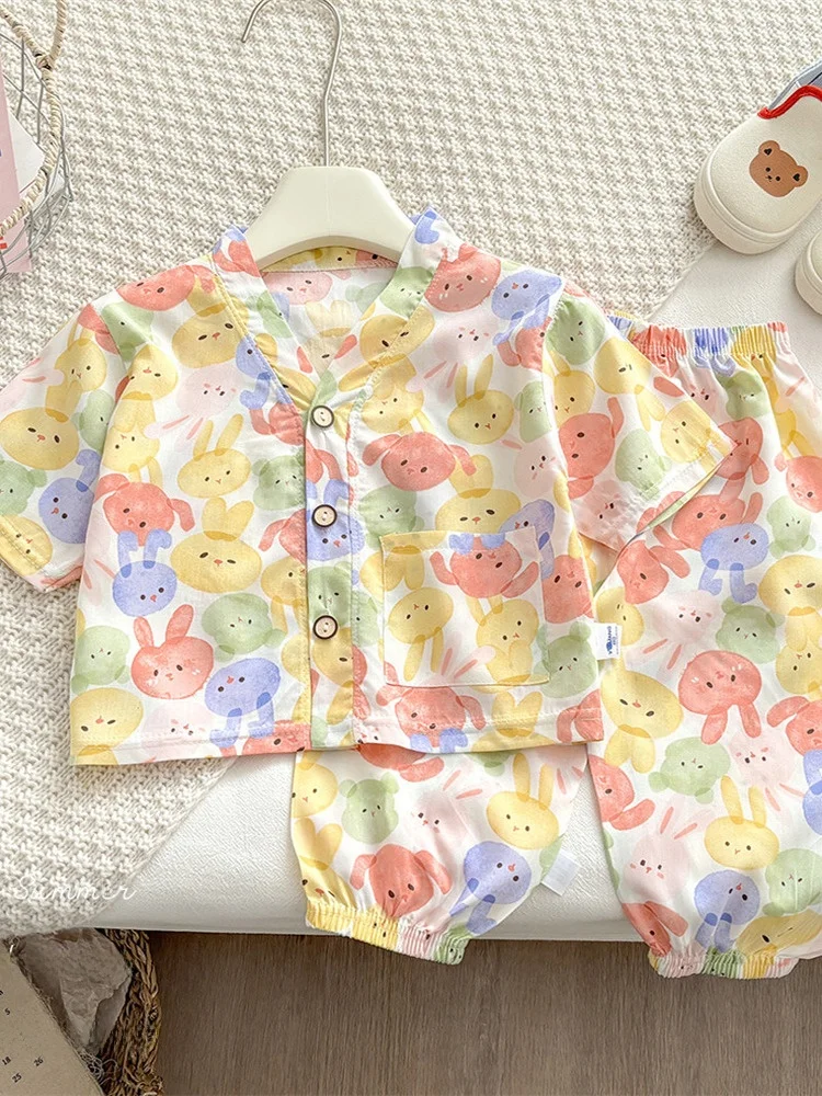  여름 면 실크 얇은 반팔 잠옷 0-1세 남아 여아 분리형 3 실크사 드로스트링 5..