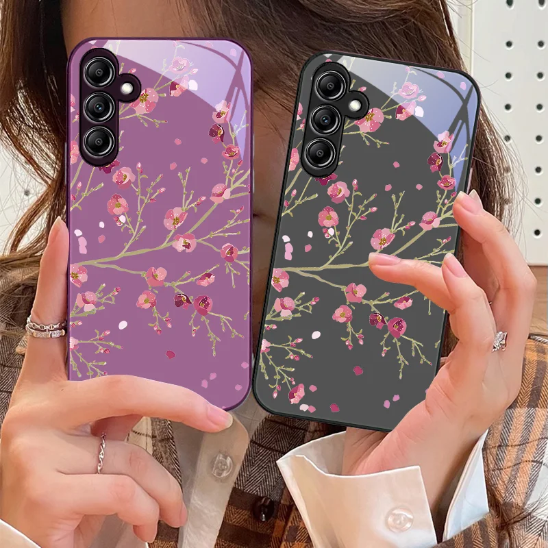 Custodia Per Telefono In Vetro Temperato Per Samsung Galaxy A14 4G 20 30 52 20S 21S 22 25 32 33 34 42 50 51 53 54 70 71 5G Silver Plum Blossom