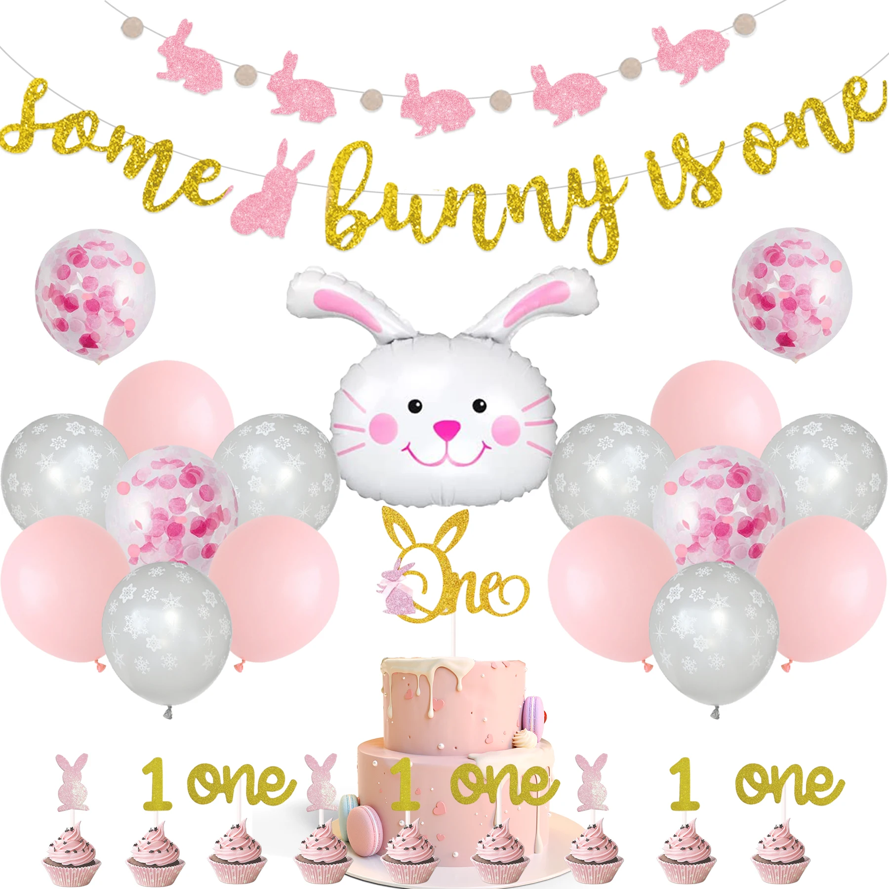 

Sursurprise-Bunny Snowflake Украшения для первого дня рождения, Баннер Bunny One, Топпер для торта, Воздушные шары с кроликом, Дополнение для первого дня рождения