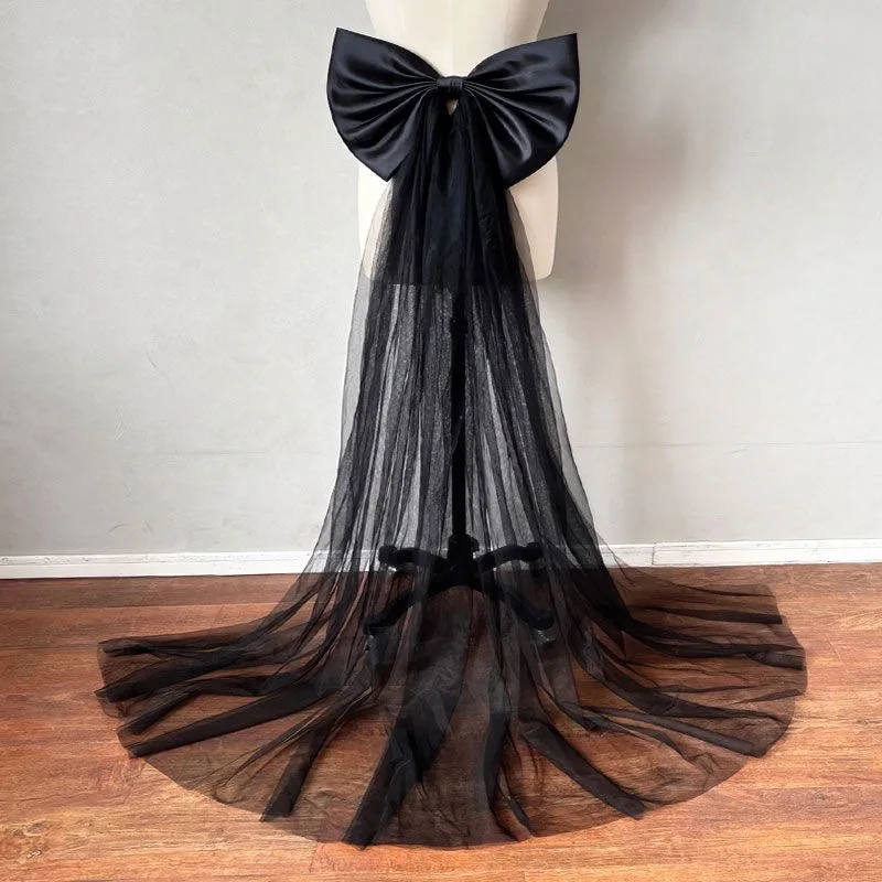 Separate Plain Satin Bow For Wedding Dress Removable Prom Dresses Satin Knots With Big Long Tulle Bow Tail Full Color