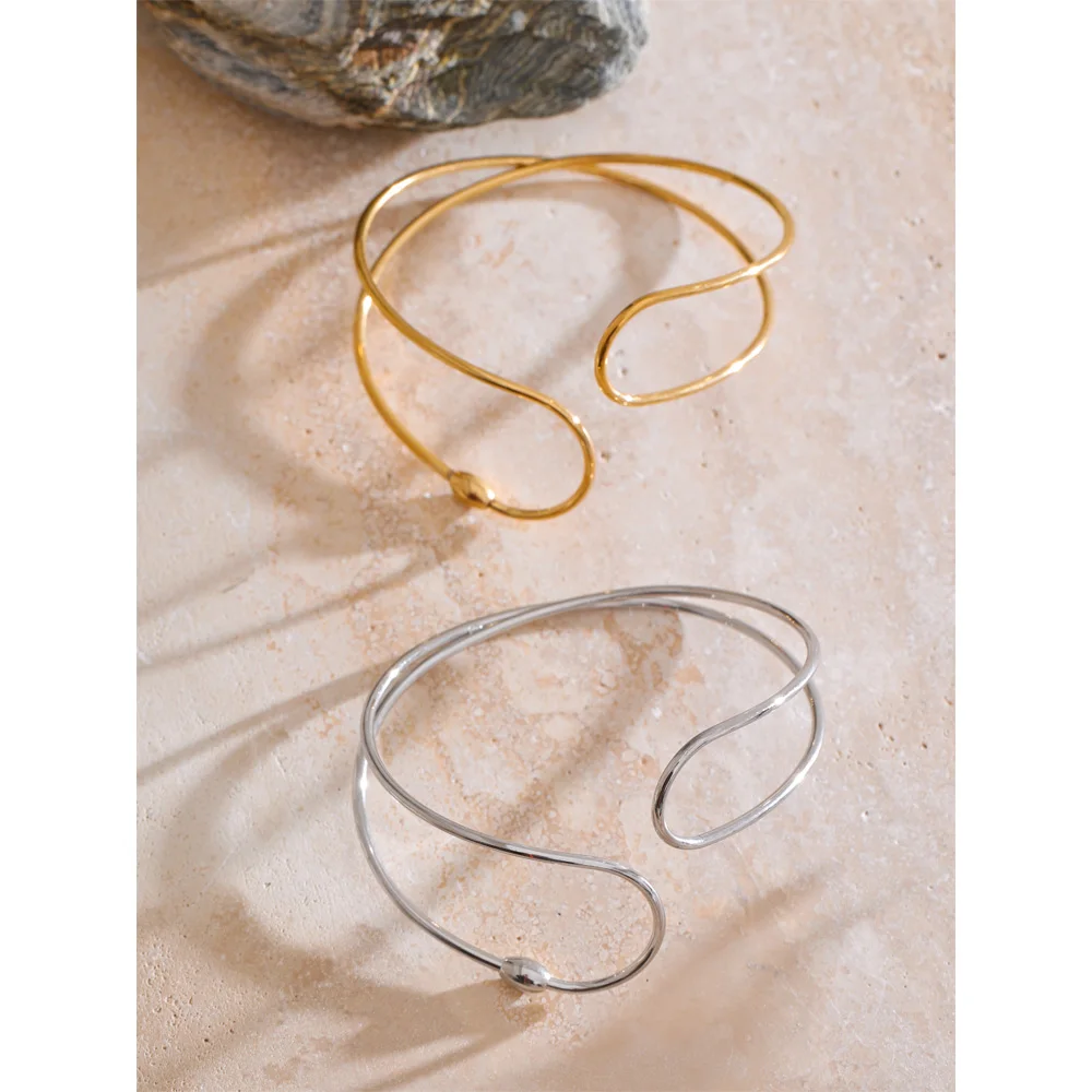 Yhpup Minimalist Stainless Steel Double Layer Hollow Cuff Bracelet