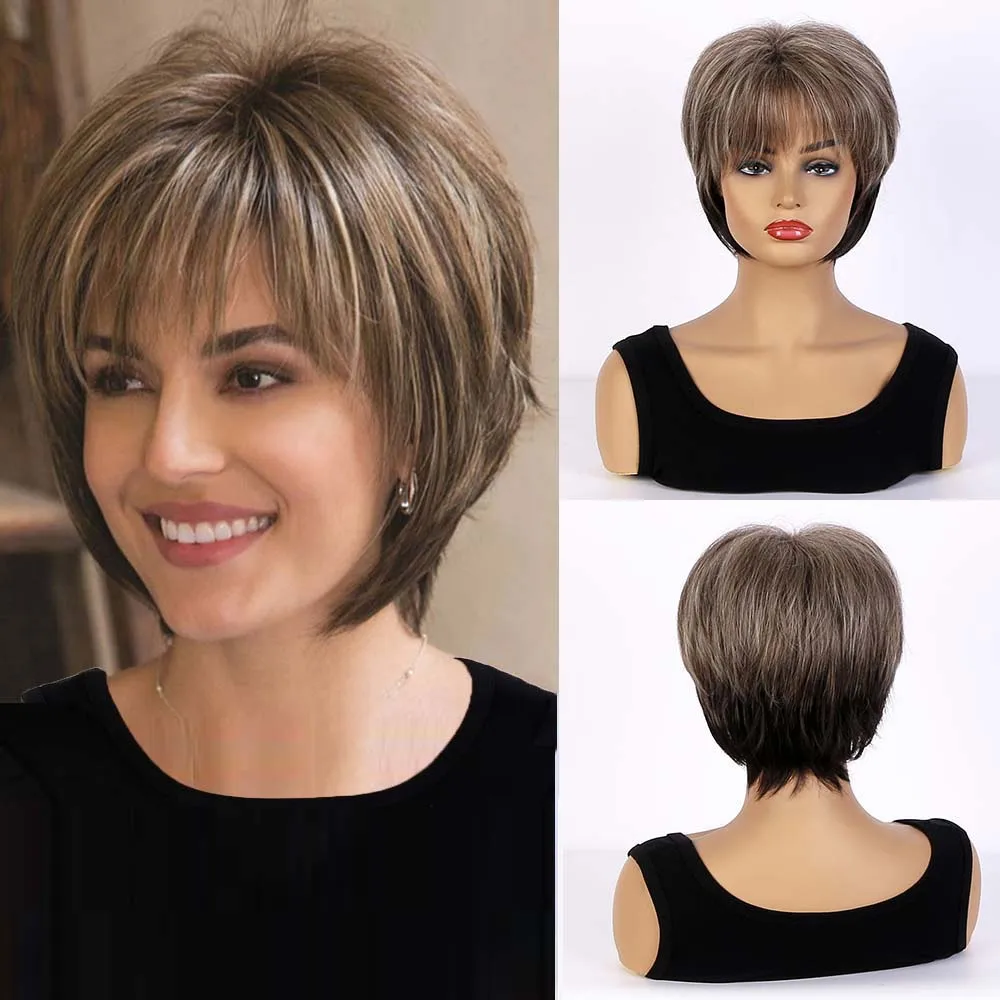 

Short Pixie Cut Brown Mixed Light Gold Synthetic Wigs with Bangs Straigth Hair Wigs for Women Daily Wig Heat Resistant Fiber