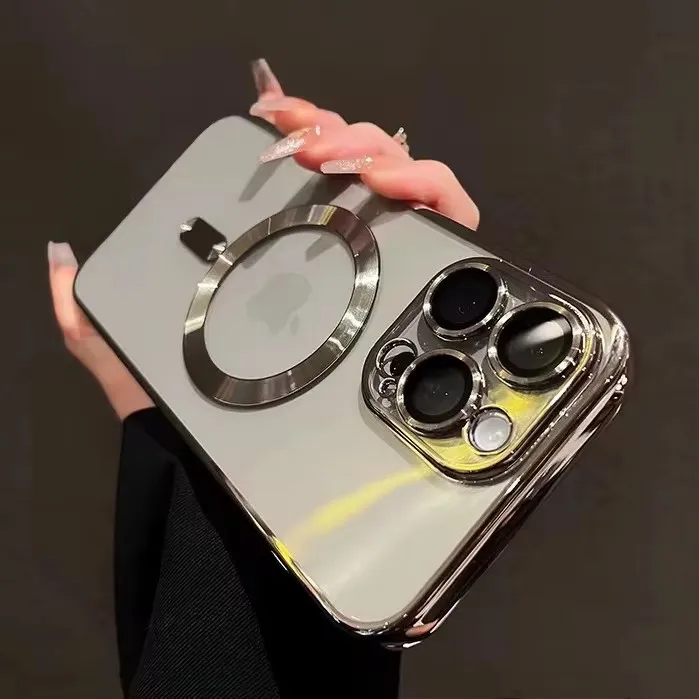 Pour étui transparent Magsafe pour iPhone 11 12 13 14 15 16 Pro Max Plus 12 13 Mini avec film d'objectif en verre, coque souple antichoc_voghion.com