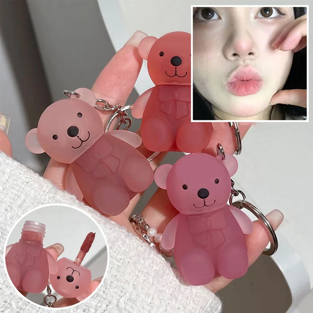 Cute Bear Keychain Velvet Mist Lip Glaze Waterproof Lasting Matte Lipstick Orange Lips Tint Women Dupes Korean Makeup Cosmetic