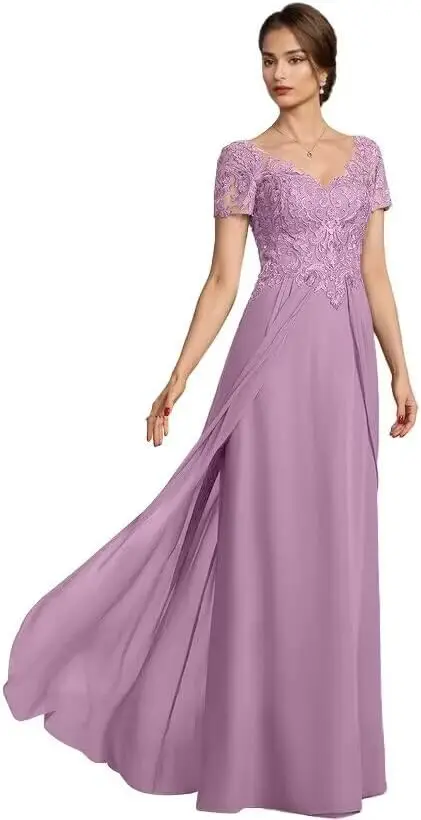 Abiti personalizzati a maniche corte per la madre della sposa, abiti con scollo a V per la madre dello sposo, abito da sera formale con volant in chiffon - immagine 3