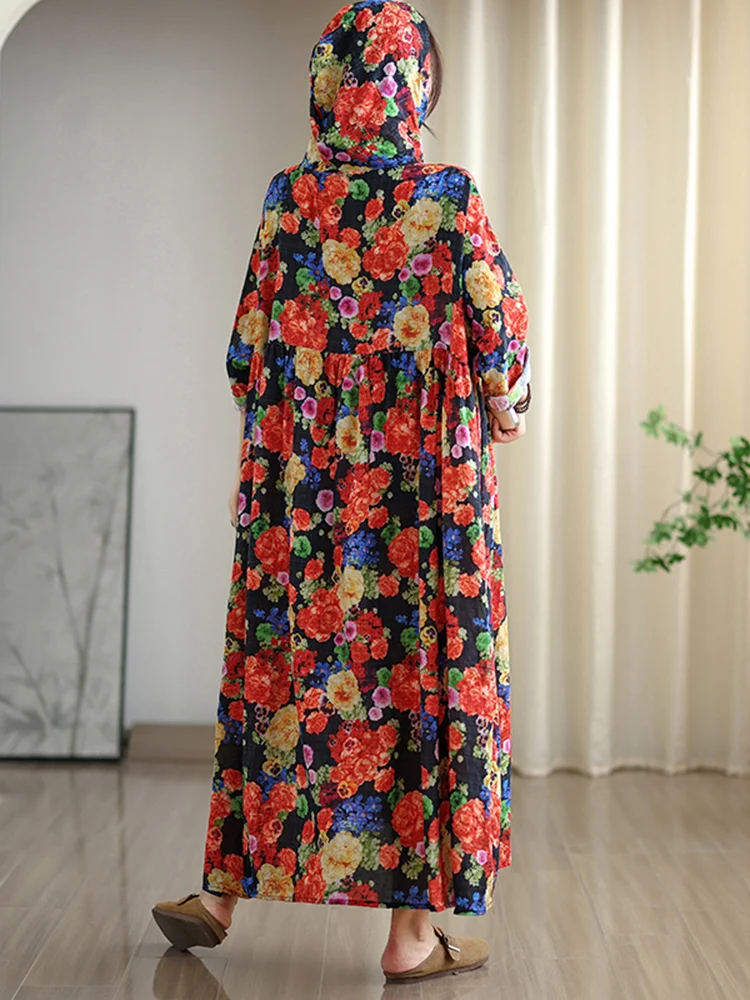 2025 Autumn New Long Sleeve Hooded Floral Print Vintage Long Dresses For Women Casual Loose Elegant Dress Femme Robe Clothing