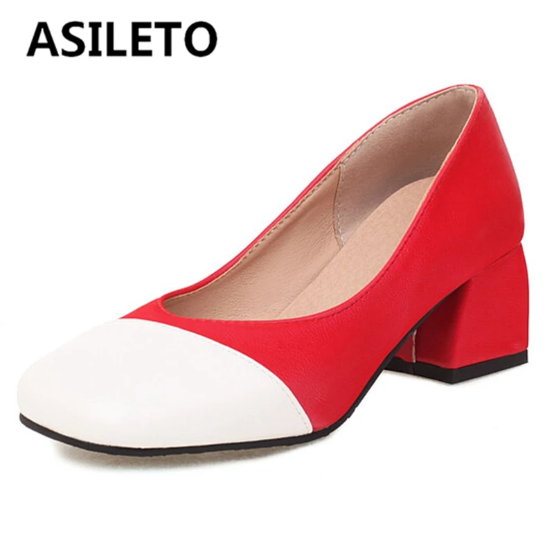 

ASILETO 2022 Women Pumps Square Toe Block Heels Slip-on Shallow Big Size 30-48 Mix Color Black Red Green Concise Spring S3091