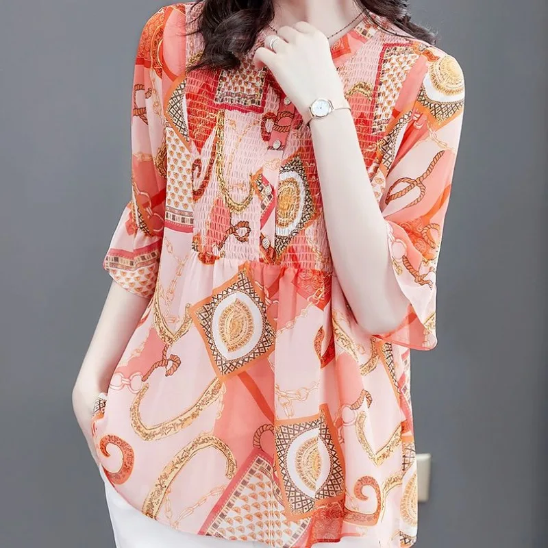 Temperament Summer Printing Women's Crew Neck Single breasted Shirring Fashion Elegant Casual Half Sleeve Chiffon Shirt Tops