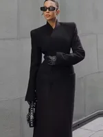 HH femme hiver mode simple boutonnage manches longues taille Long manteau femme col montant poches chaud solide laine manteau 4