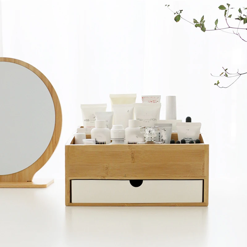 

2022 Bamboo Separate Cosmetic Drawer Storage Box Desktop Makeup Organizer Dressing Table Jewelry Skin Care Rack #A