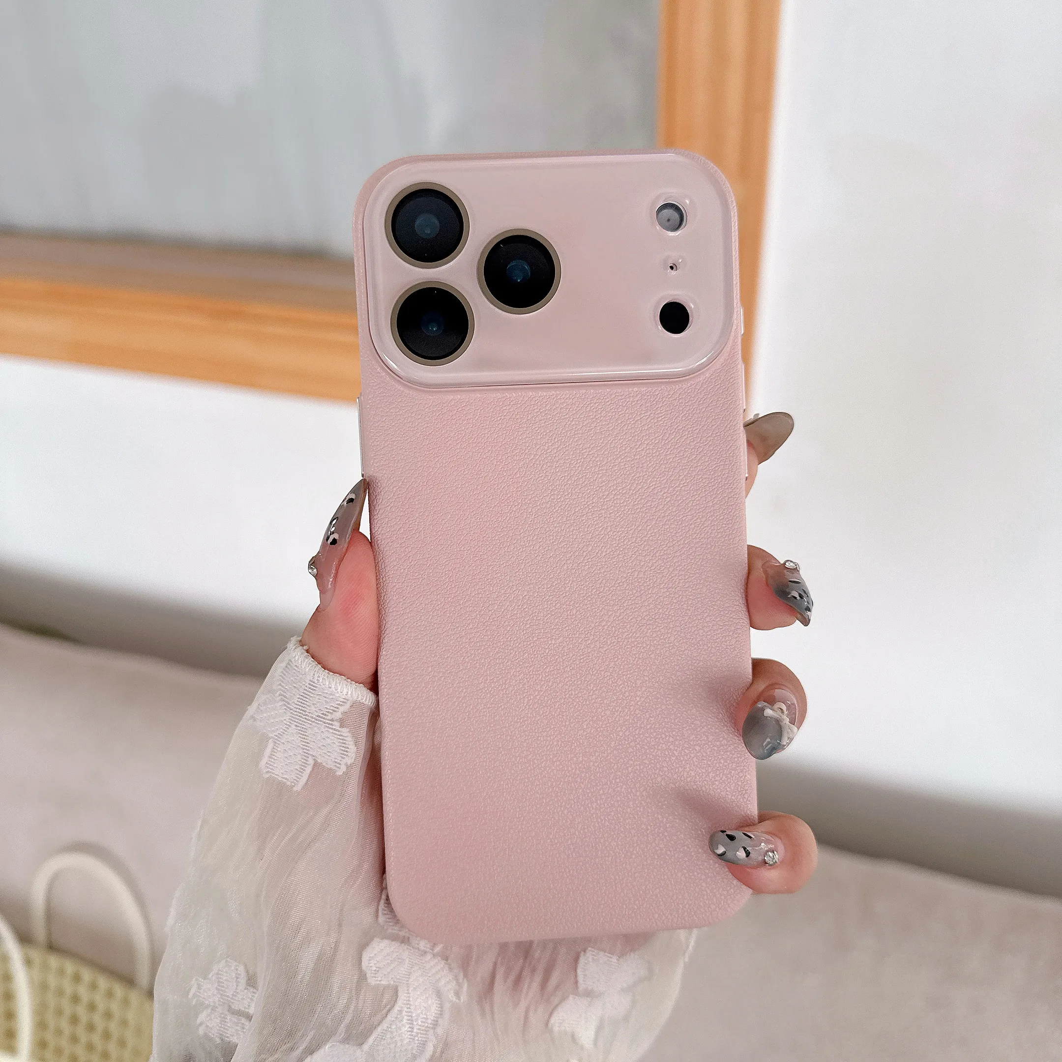 Luxury Leather Texture Rugged Shockproof Case with Glass Lens Protection