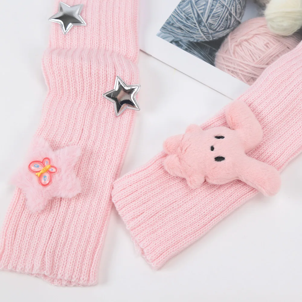 Fingerless Gloves 1 Pair Korean Long Cute Fingerless Gloves Women Mitten Arm Warmer Kawaii Knitted Sleeve Girls Anime Clothes Lolita Soft Gloves
