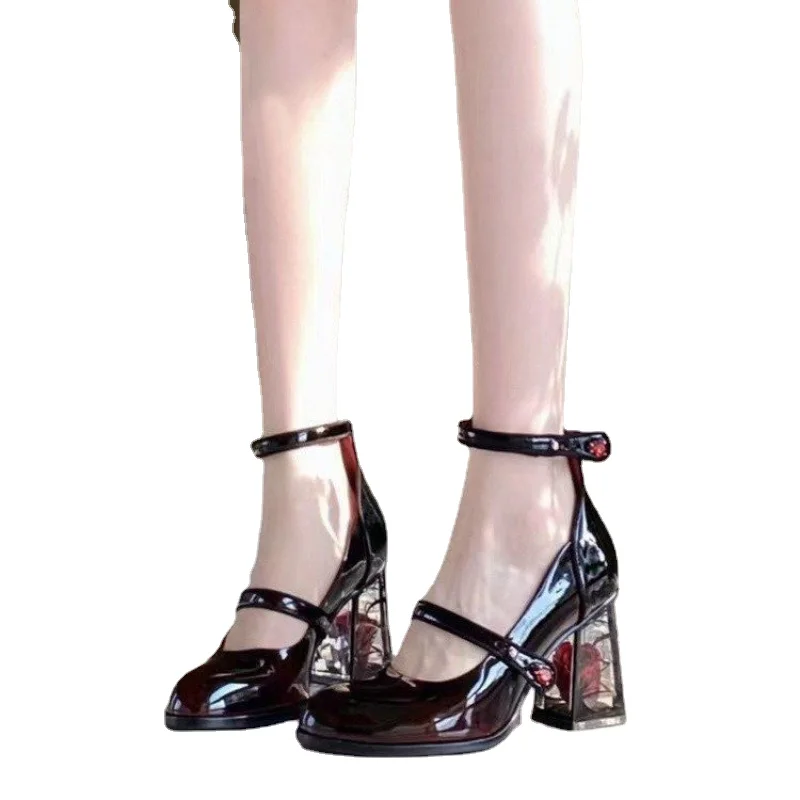 Mary Jane Shoes Women Pumps Retro Elegant Lady Single Shoes Rose Crystal Heel High Shoes Fashion Rhinestone Pumps Ladies Shoes