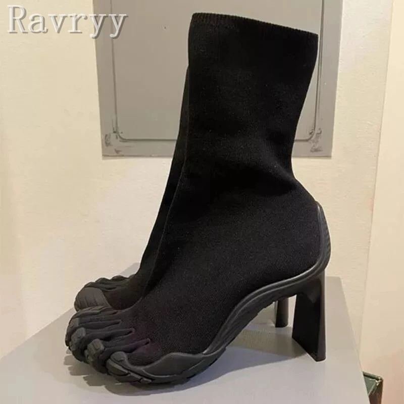 

Five Toe Design Elastic Boots Woman Fashion Gladiator Female Finger Shoes Winter New Strange Style Heel Slip-On Ankle Boots