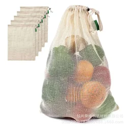 Reusable Cotton Mesh Produce Storage Bags with Drawstring for Fruits and Vegetables (1pcs)