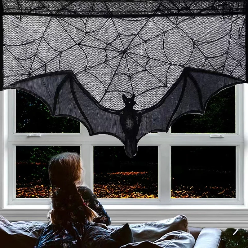 1 Piece of Halloween Lace Curtains Black Bat Spider Tablecloth Fireplace Stand Scarf Set Halloween Family Room Spider Web Horror Decoration halloween decoration