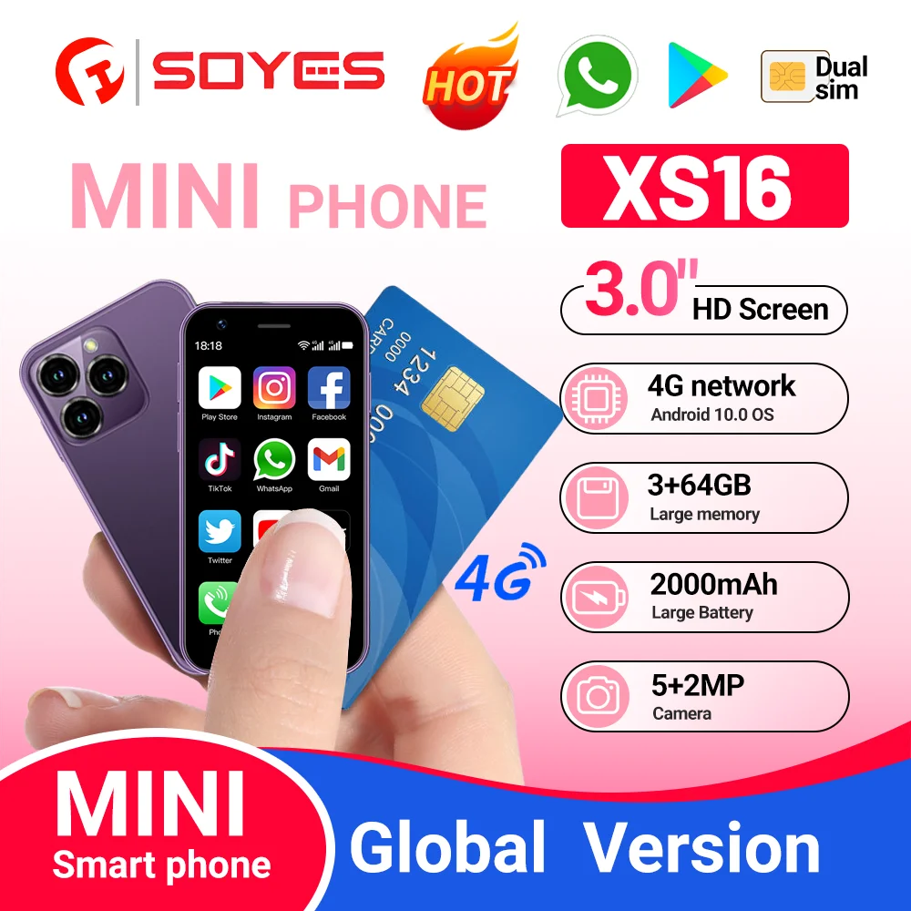 3インチ画面のミニスマートフォンandroid-soyes-xs16スマートフォン4g-lte5mpカメラデュアルsimゲームストア多言語3gb-ram-64gb-rom