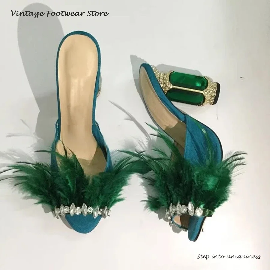 Vintage Feather Embellished Crystal Slippers Luxury Round Open Toe Round Heels Shoes Women's Pull On Party Modern Slippers