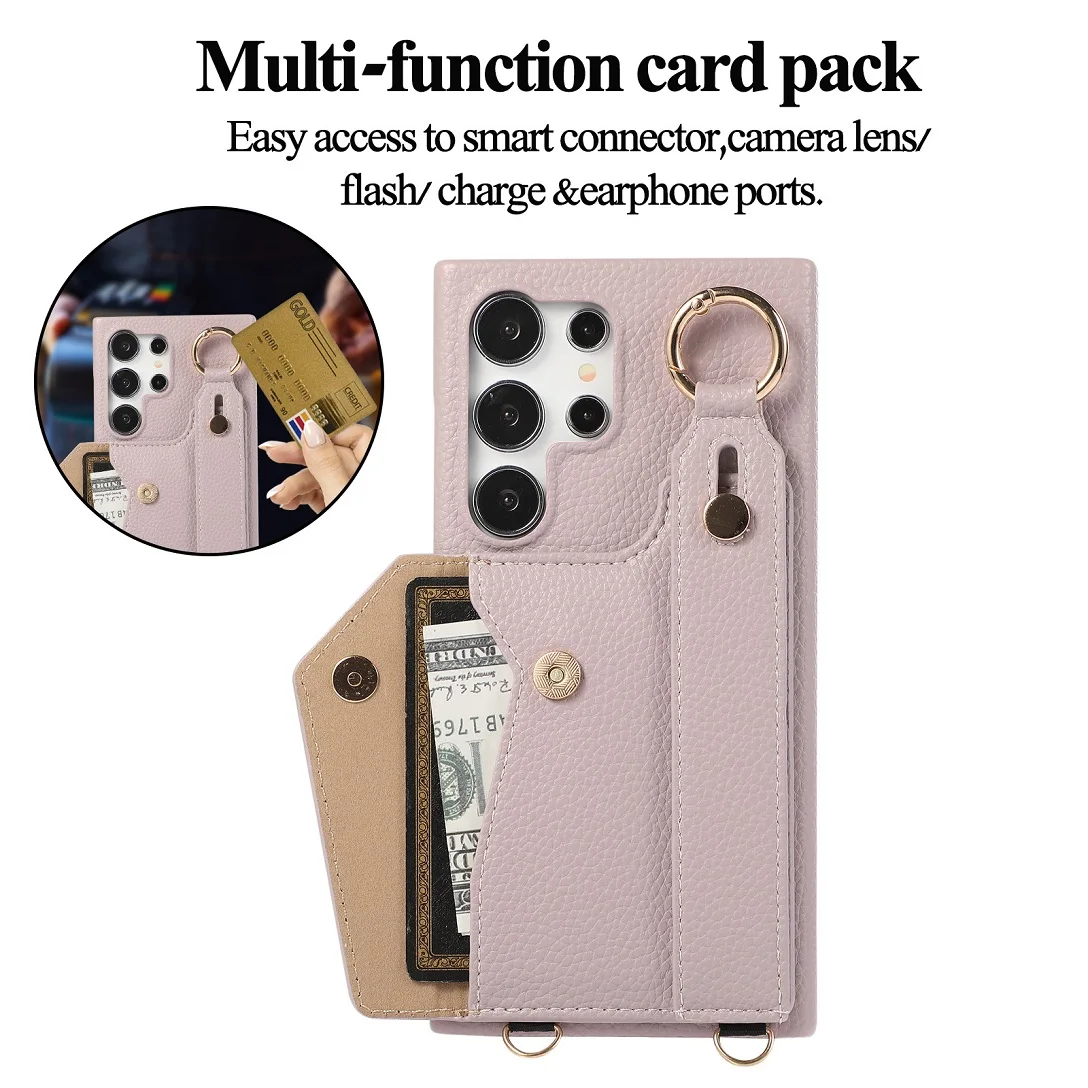Luxury Shoulder Leather Wallet Case with Card Slot and Hand Strap - Purse Phone Cover