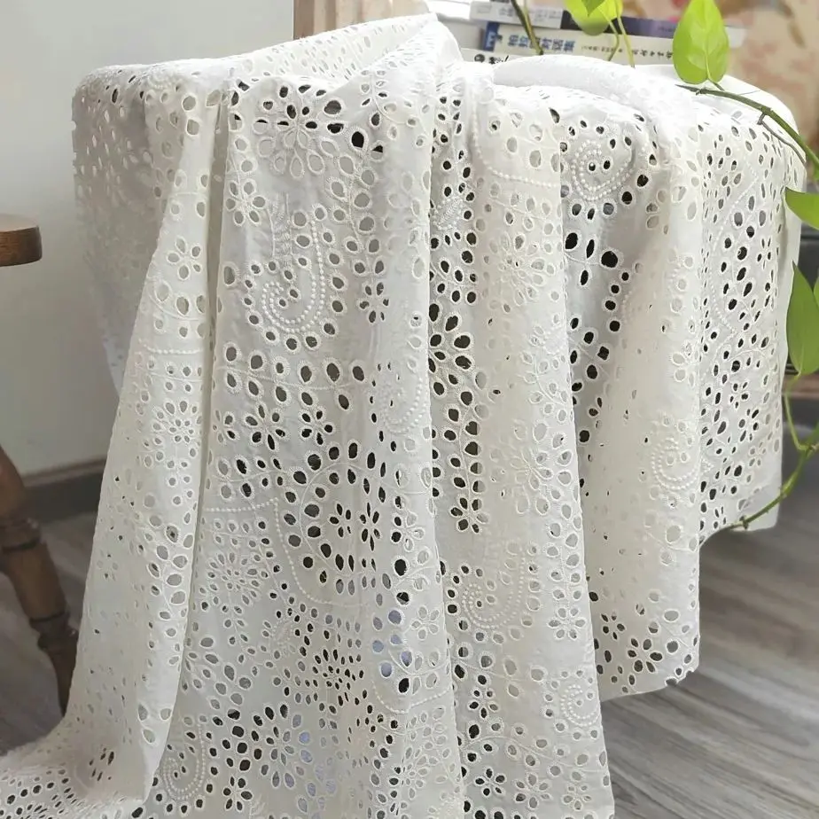 

100% White pure cotton embroidery lace fabric eyelect hole embroideried clothing for woman dress apparel with big flower