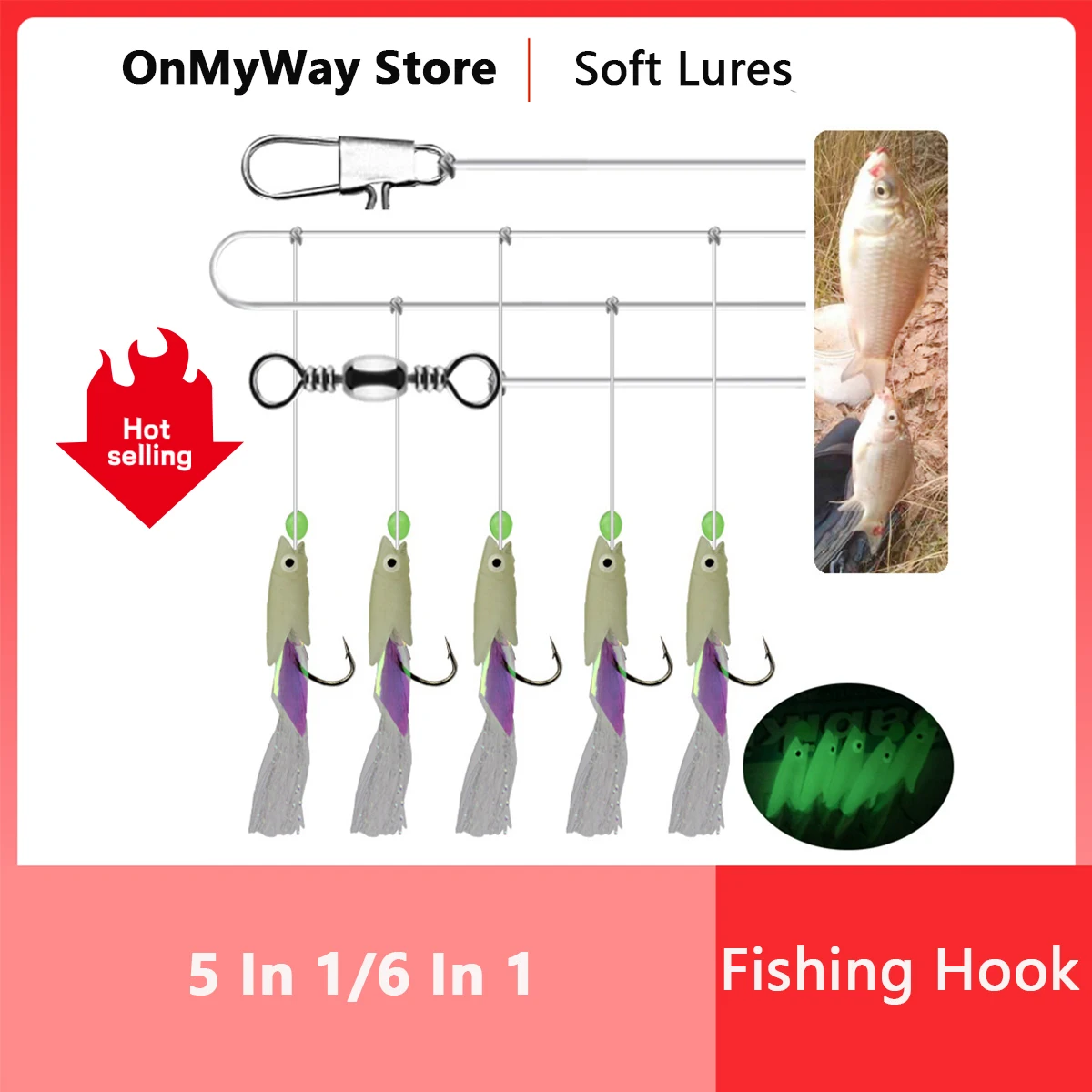 

5 in 1 /6 in 1 Luminous Sabiki Soft Fishing Lure Hook Tackle with Octopus Shaped Feather Fishing String for Dark Night Fishing