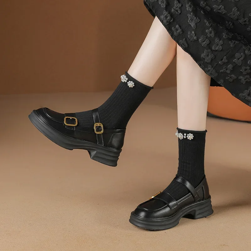 

Женские лоферы, обувь, оксфорды с круглым носком, повседневные женские кроссовки на платформе, черные на плоской подошве, в британском стиле, слипоны, Кожаные криперы