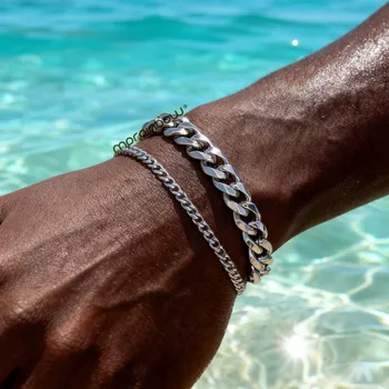 2pcs/set Cuban Chain Bracelet for Men,Waterproof Stainless Steel Miami Curb Wristband,Causal Jewelry Gift