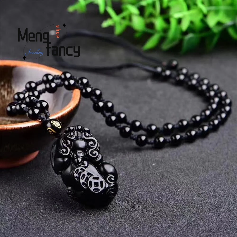 Natural Obsidian Pixiu Pendant Engraver Amulet Wedding Souvenir Fashion Jewelry Paired Couple WomenMen Necklace Gifts