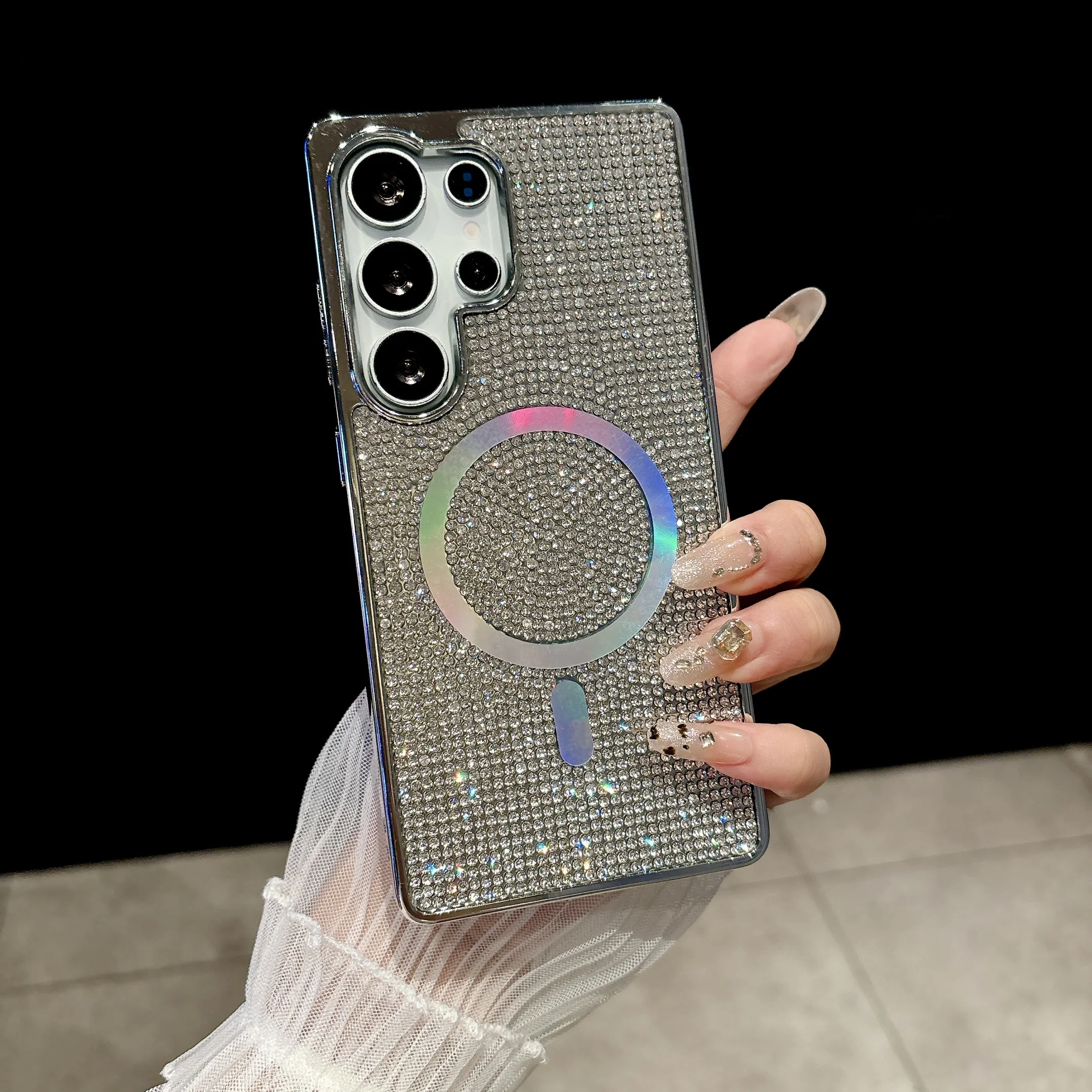 Glitter Diamond Plating TPU+PC Phone Case with Wireless Charging and Magnetic Feature - Girly Cover