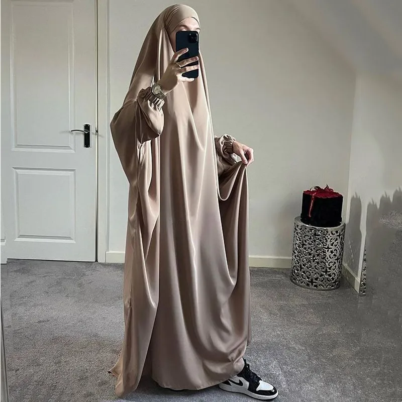 

Muslim Abaya Hooded Smocking Sleeve One-piece Prayer Dress Women Jilbab Islamic Clothing Dubai Saudi Black Robe Turkish Modesty