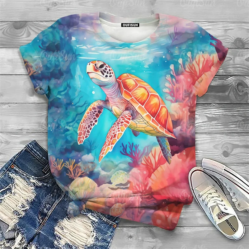 

Летняя женская футболка с 3D-принтом черепашек, футболка для женщин, модная уличная футболка с коротким рукавом, милая Повседневная рубашка с круглым вырезом, топы