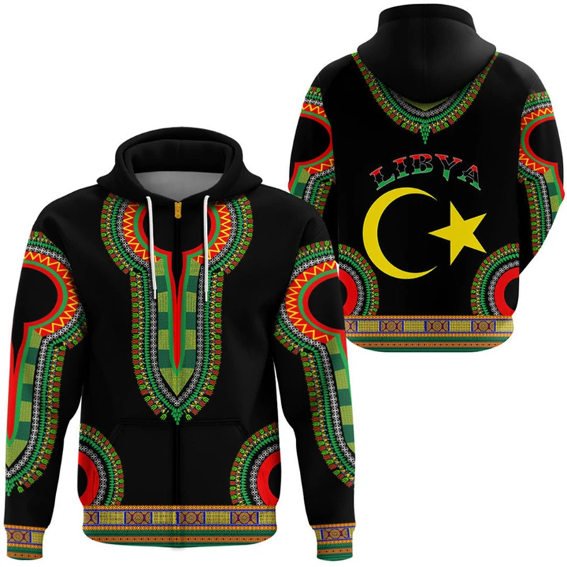 thumbnail image 1 of Sudadera con capucha y cremallera con el emblema nacional de Libia y la bandera de Libia para hombre, ropa informal, sudadera deportiva para niño, 1 of 5