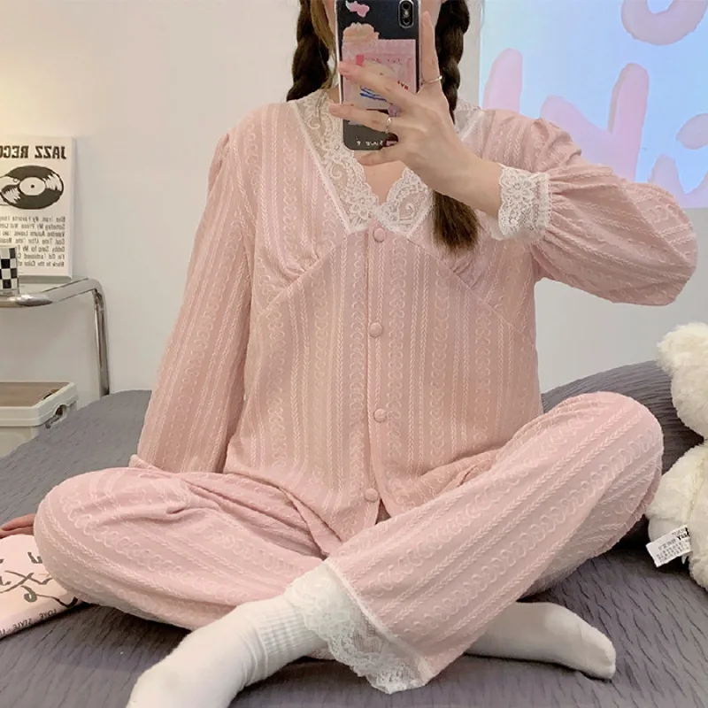 Women 2 Pieces Pajamas Sets Cotton Pijama Print Female Pyjama Sleepwear Long Sleeve V-Neck Shirt Pants Suit Homewear Loungewear